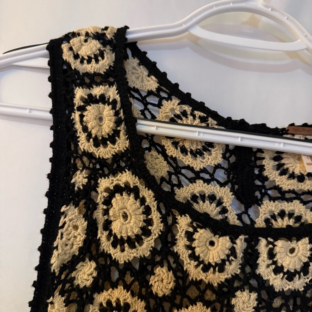 FREE PEOPLE Black & Beige Crochet Delilah Shift Dress Size M - Picture 11 of 14